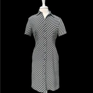 Adrianna Papell 100% Silk Shirt Dress Women’s 6 Black White Geometric Lined Midi
